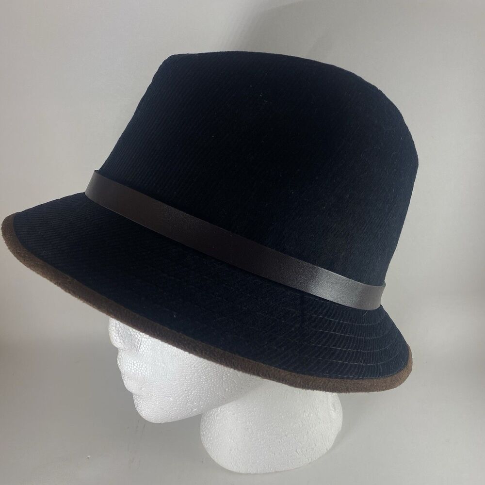 Black Brown Trim Corduroy Bucket Cloche Fedora Hat Faux Suede Leather Adjustable